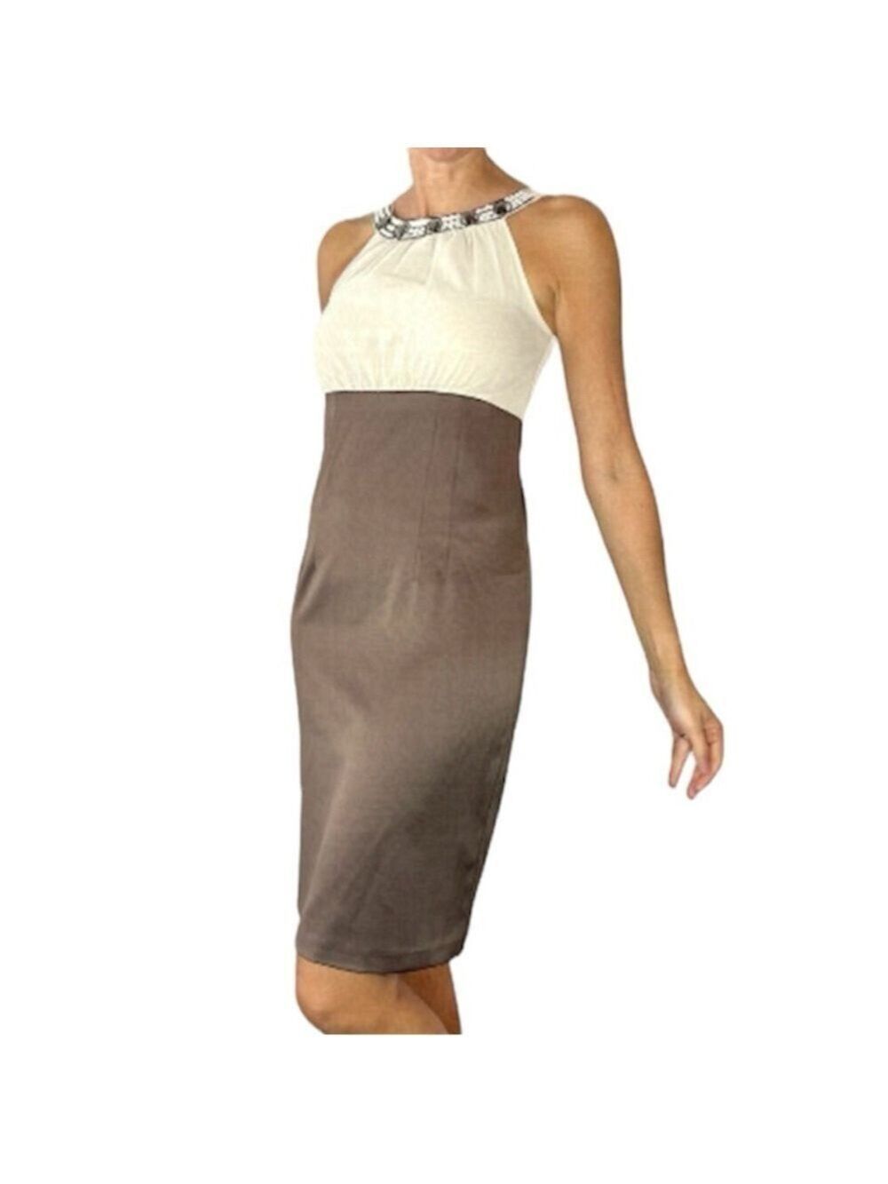 New Y2K Brown Satin Beige Chiffon Beaded Neckline Sleeveless Sheath Dress.